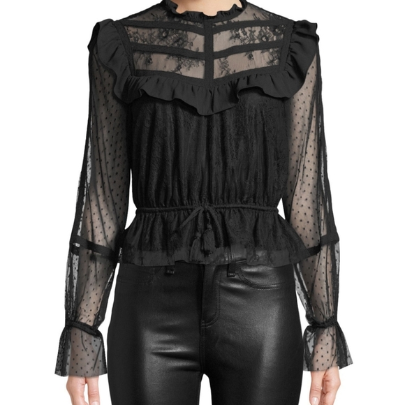 NWT Rebecca Minkoff Black Tabitha Lace Ruffle Long Sleeve Blouse Size XS - Picture 1 of 9